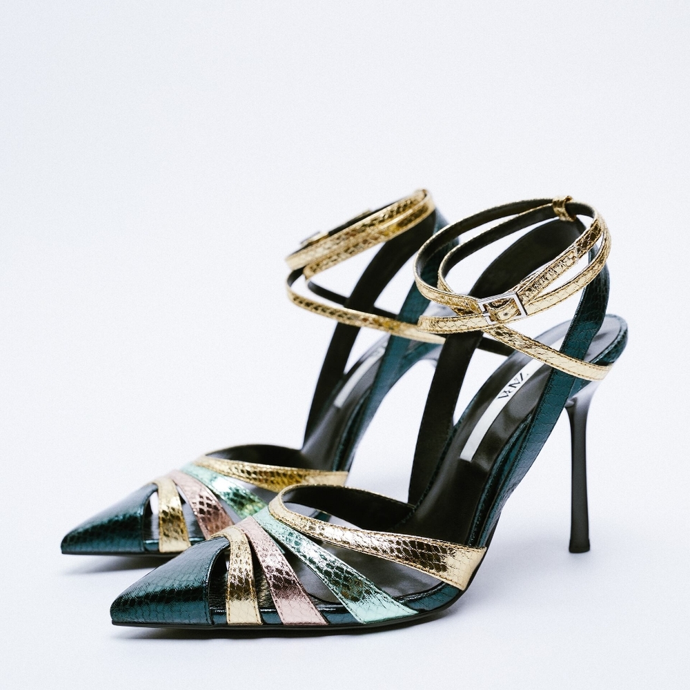 Zara Pyton/Snakeskin Pointed Tip Metallic Heels W… - image 1
